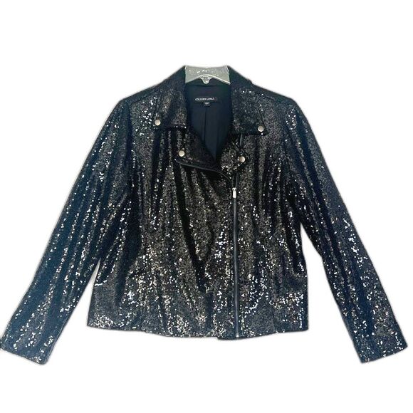 NWOT Colleen Lopez Sparkling Black Sequin Moto Jacket L - Picture 1 of 7